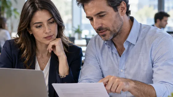 Un home i una dona revisen un document imprès al costat d’un portàtil